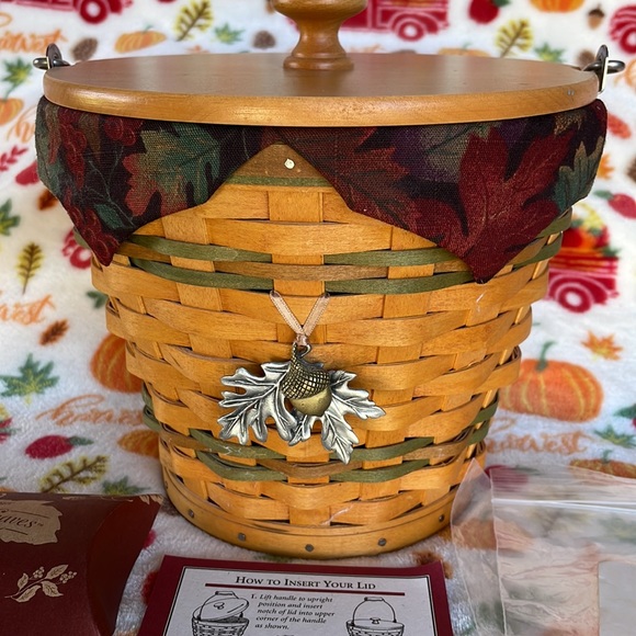 Longaberger Other - Longaberger Sage Autumn Pail Basket, Lid, Protector, Maple Leaf Tieon Prod Cards